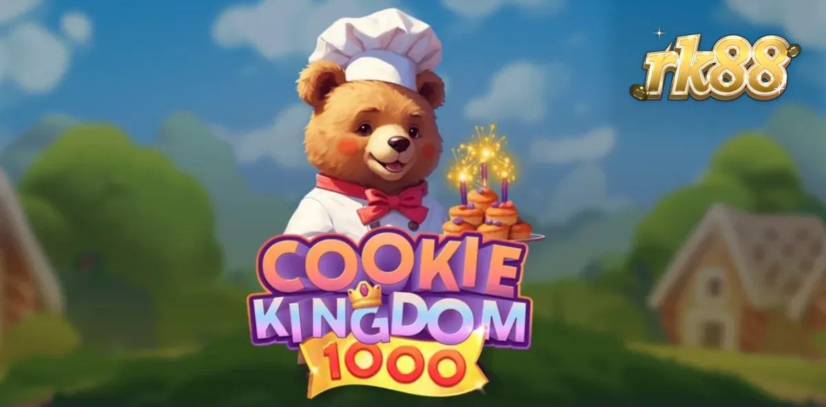 Tampilan visual slot Cookie Kingdom 1000 dengan tema permen dan beruang pembuat kue.